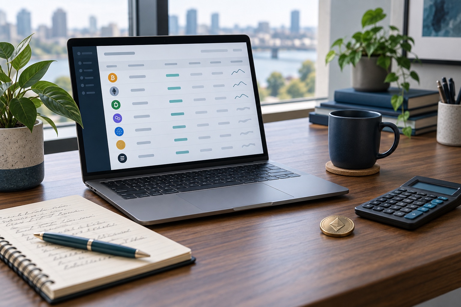 Laptop with a cryptocurrency transaction ledger beside a calculator and notebook