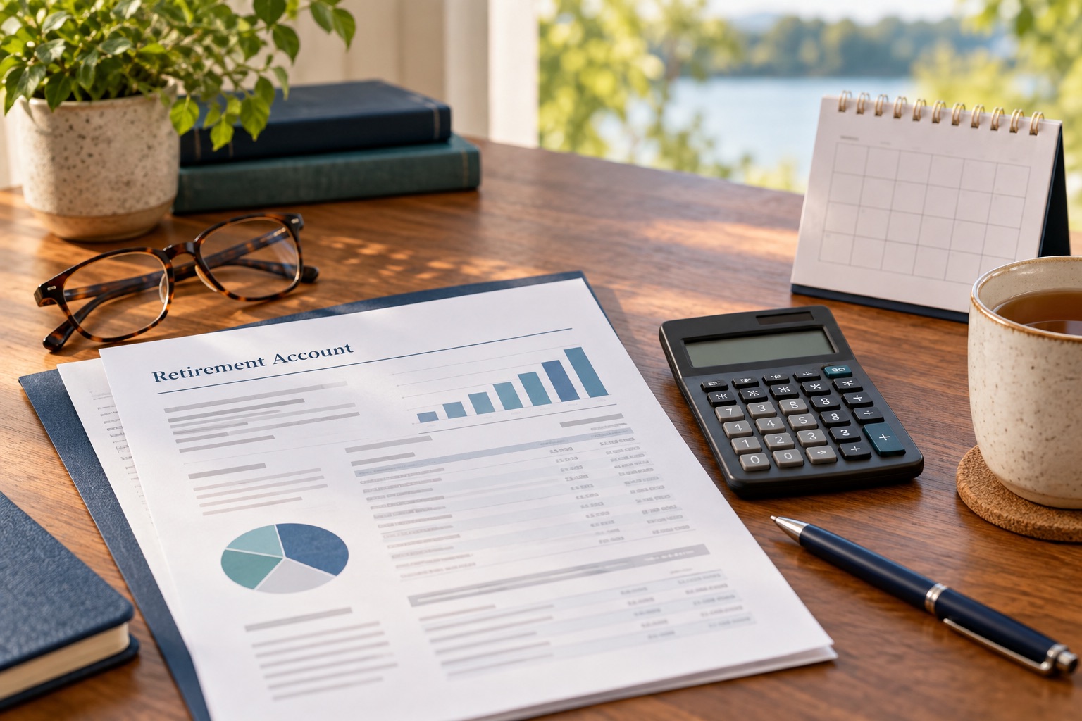 Retirement account statement, calendar, and calculator on a desk