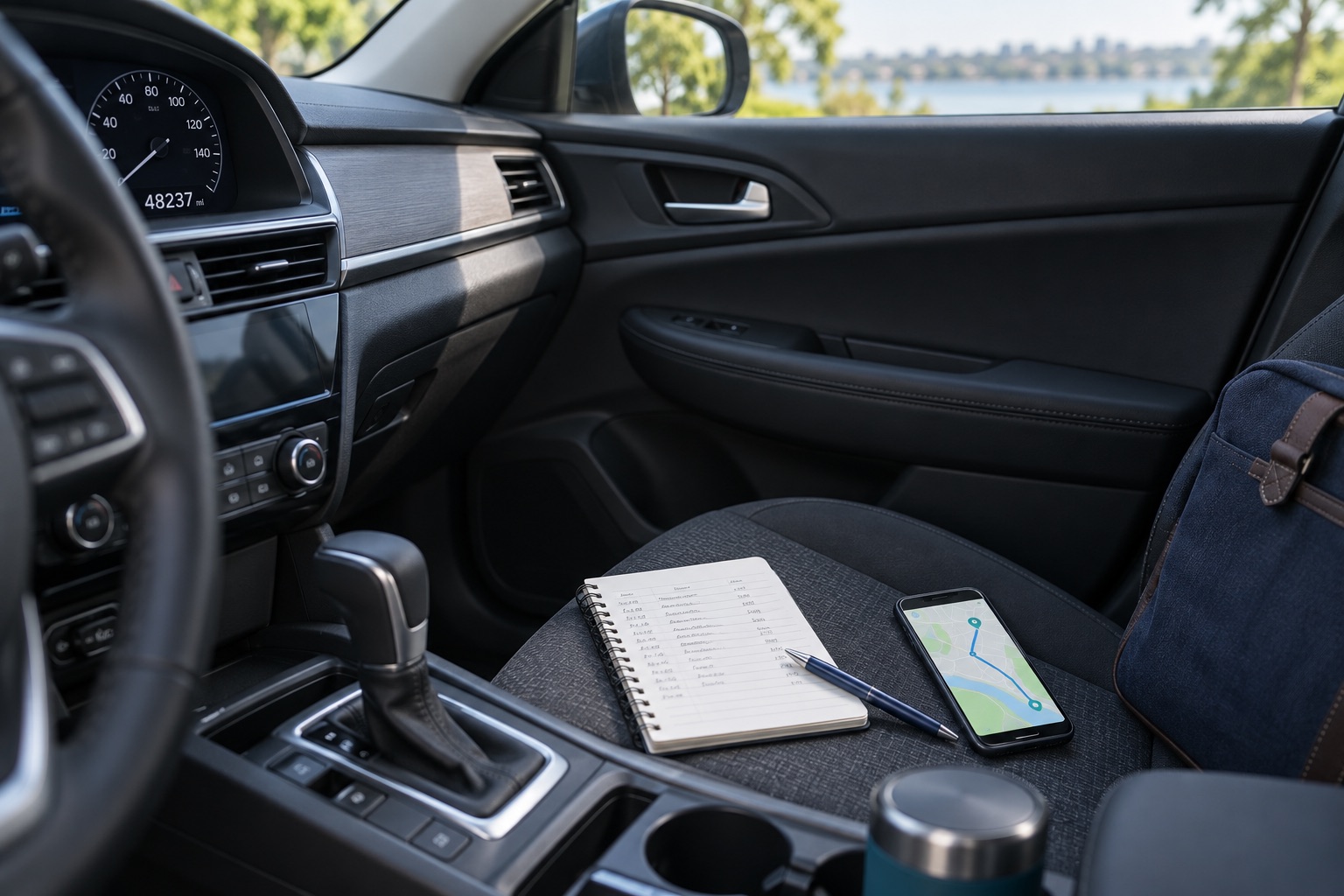 Notebook mileage log and map inside a parked car