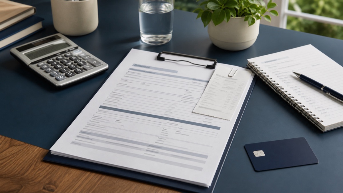 Business tax documents, calculator, and notes arranged for preparation
